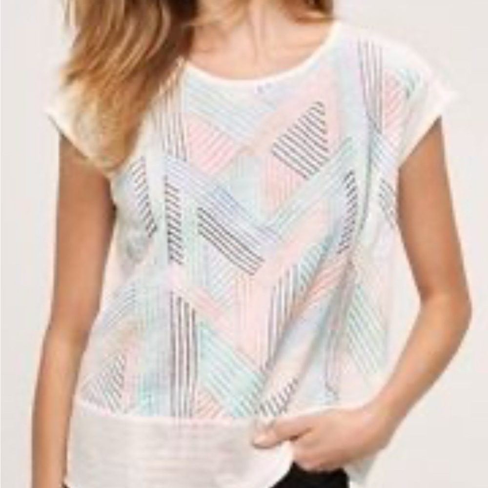 Cap-Sleeve Geometric Stripe embroidered Tee in White with Pastel Accents - Picture 3 of 7